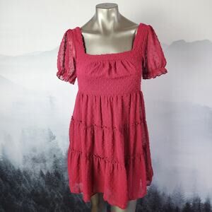 Trixxi Swiss-Dot Tiered Square Neck Pink Mini Dress | Junior's Small